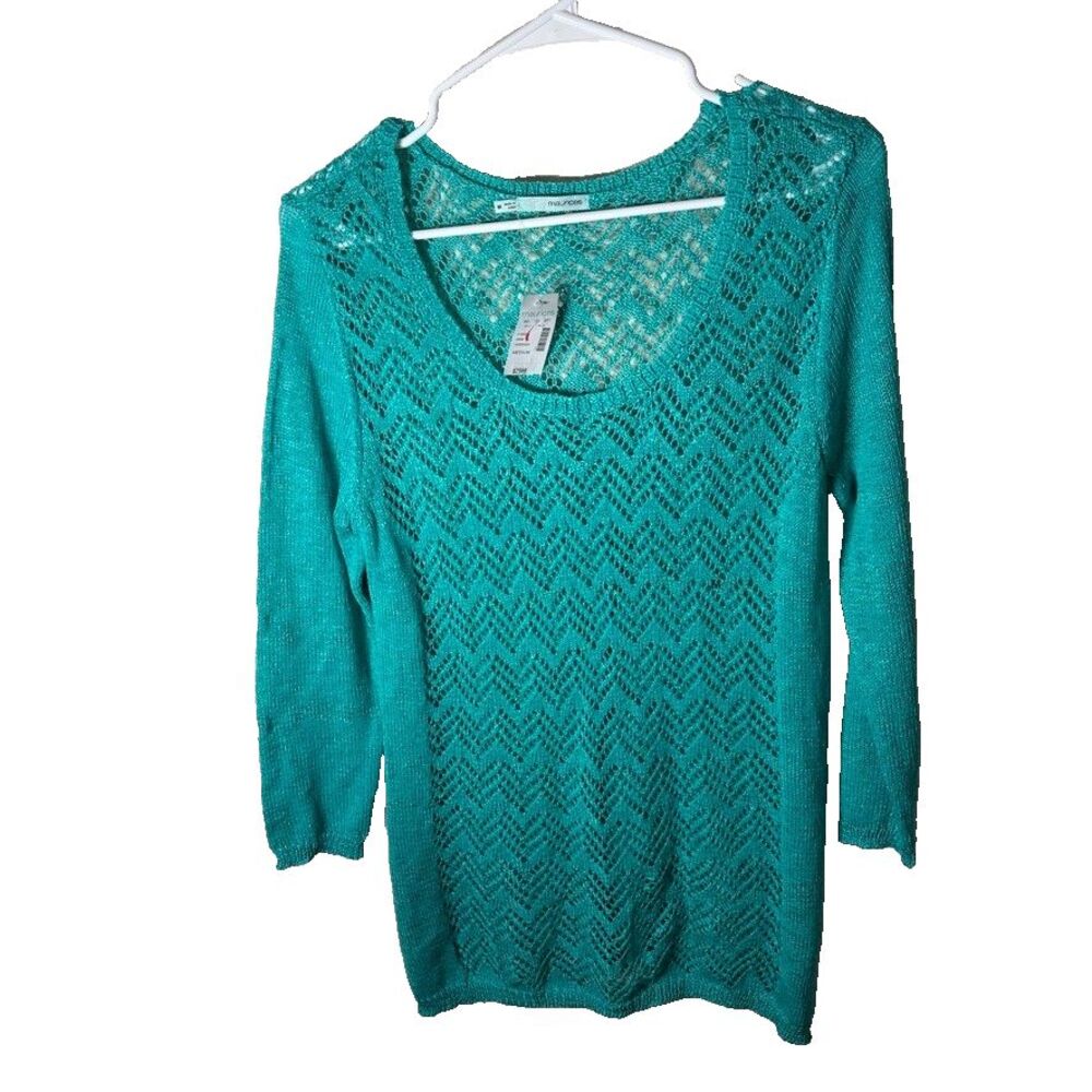 Maurices Sweater Women's Medium Teal Knit Pullover Sheer Round Neck 3/4 Sleeve